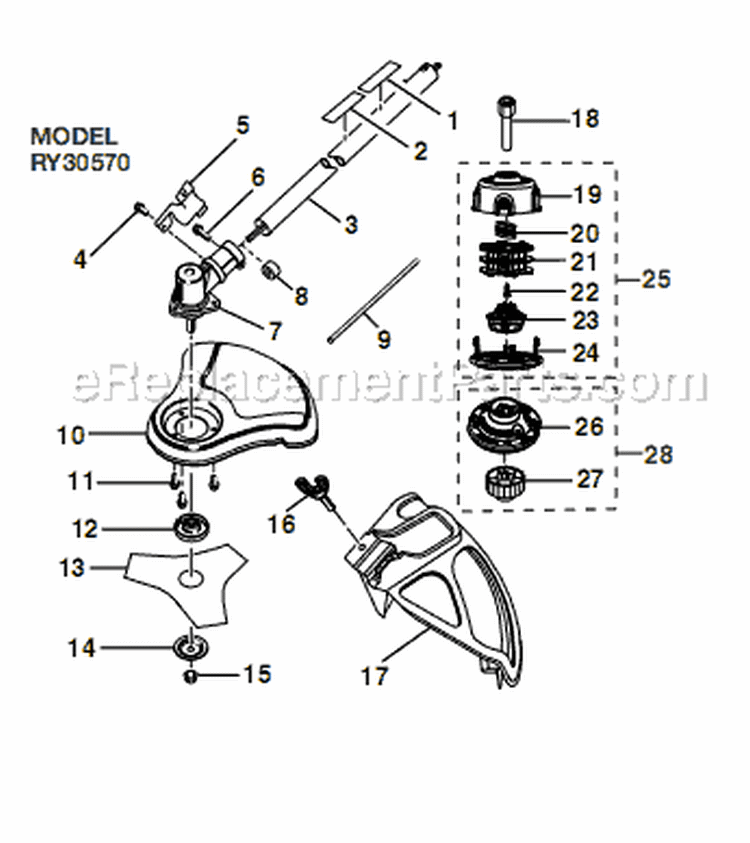 Lower Shaft Assembly Diagram and Parts List for RY30570  Ryobi Trimmer