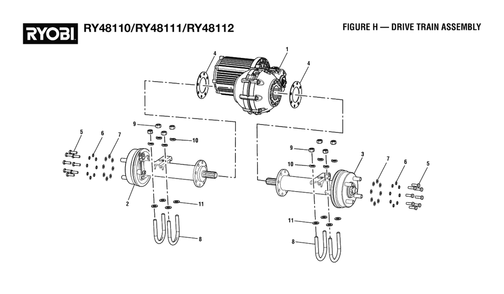 Figure H - Drive Train Assembly Diagram and Parts List for RY 48111 (Rev 02)(099749010)(2021-05) Ryobi Lawn Tractor