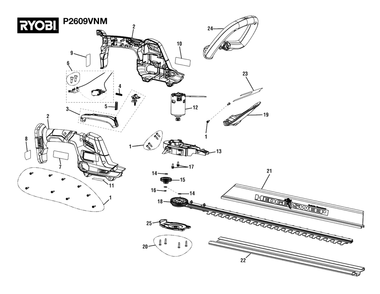 General Assembly Diagram and Parts List for P 2609 VNM (Rev 01)(108711001)(2022-02) Ryobi Hedge Trimmer