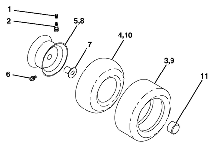 Wheels And Tires Diagram and Parts List for HDK 19H42 (960160004-01)(2005) Ryobi Lawn Tractor