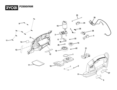 General Assembly Diagram and Parts List for P 2906 VNM (Rev 02)(108640001)(2022-02) Ryobi Hedge Trimmer