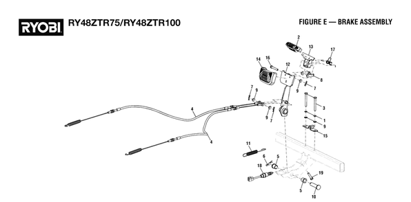 Figure E - Brake Assembly Diagram and Parts List for RY 48ZTR75 (Rev 03)(099749015)(2021-04) Ryobi Lawn Tractor