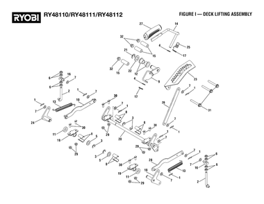 Figure I - Deck Lifting Assembly Diagram and Parts List for RY 48111 (Rev 02)(099749010)(2021-05) Ryobi Lawn Tractor