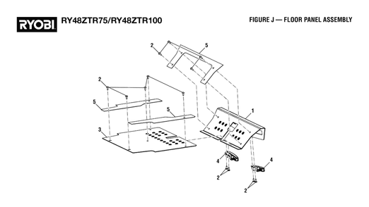 Figure J - Floor Panel Assembly Diagram and Parts List for RY 48ZTR75 (Rev 03)(099749015)(2021-04) Ryobi Lawn Tractor