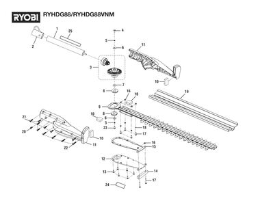 General Assembly Diagram and Parts List for RY HDG88 (Rev 04)(090113012)(2021-08) Ryobi Trimmer