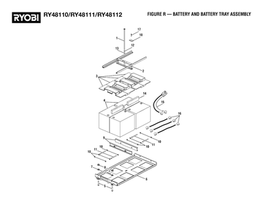 Figure R - Battery And Battery Tray Assembly Diagram and Parts List for RY 48111 (Rev 02)(099749010)(2021-05) Ryobi Lawn Tractor
