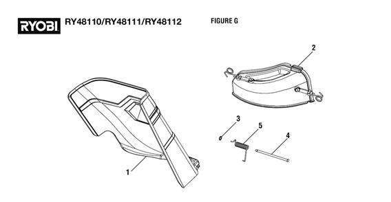 Figure G - Discharge And Mulch Cover Assembly Diagram and Parts List for RY 48110 (Rev 05)(099749001)(2021-05) Ryobi Lawn Tractor