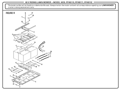 Figure R (Battery And Battery Tray Assembly) Diagram and Parts List for RY 48112 (Rev 01)(099749011)(2018-02) Ryobi Lawn Tractor