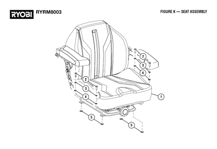 Figure K - Seat Assembly Diagram and Parts List for RY RM8003 (Rev 01)(099263002)(2022-08) Ryobi Lawn Tractor