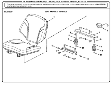 Figure P (Seat And Seat Springs) Diagram and Parts List for RY 48112 (Rev 01)(099749011)(2018-02) Ryobi Lawn Tractor