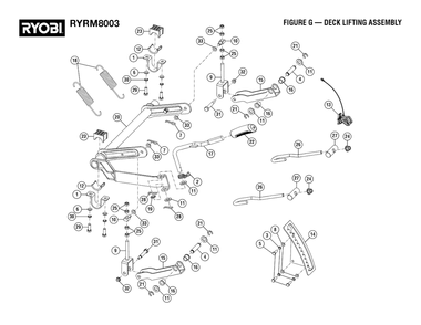 Figure G - Deck Lifting Assembly Diagram and Parts List for RY RM8003 (Rev 01)(099263002)(2022-08) Ryobi Lawn Tractor