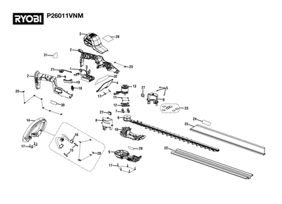 General Assembly Diagram and Parts List for P 26011 VNM (Rev 01)(108796001)(2022-03) Ryobi Hedge Trimmer