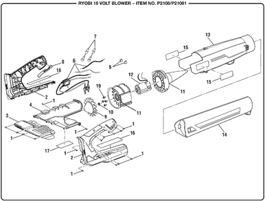 General Assembly Diagram and Parts List for P 2108 (Rev 04)(107267001)(2018-08) Ryobi Leaf Blower / Vacuum