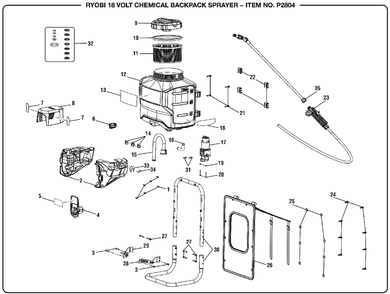General Assembly Diagram and Parts List for P 2804 (Rev 07)(107370001)(2018-11) Ryobi Sprayer