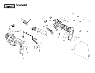 General Assembly Diagram and Parts List for P 2505 VNM (Rev 01)(108248012)(2022-01) Ryobi Hedge Trimmer