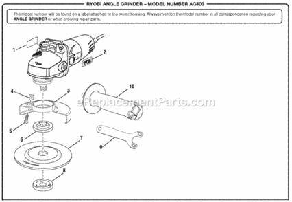 General_Assembly Diagram and Parts List for AG403  Ryobi Angle Grinder