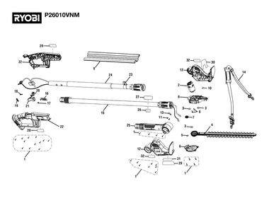 General Assembly Diagram and Parts List for P 26010 VNM (Rev 03)(108683001)(2022-01) Ryobi Hedge Trimmer