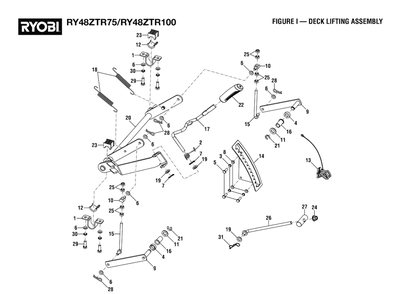 Figure I - Deck Lifting Assembly Diagram and Parts List for RY 48ZTR75 (Rev 03)(099749015)(2021-04) Ryobi Lawn Tractor