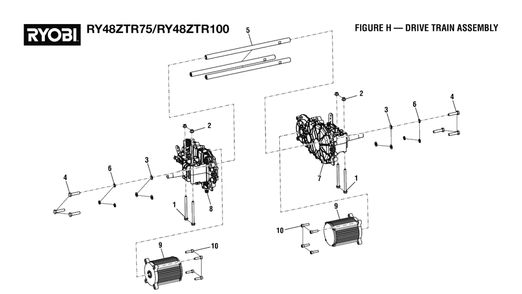 Figure H - Drive Train Assembly Diagram and Parts List for RY 48ZTR75 (Rev 03)(099749015)(2021-04) Ryobi Lawn Tractor