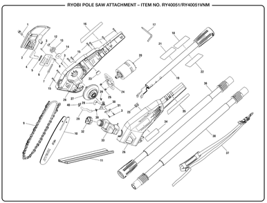 Part Location Diagram of 311069005 Ryobi Upper Pole Assembly (inc. Key