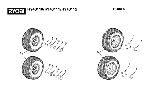 Figure A - Wheels And Hub Caps Diagram and Parts List for RY 48110 (Rev 05)(099749001)(2021-05) Ryobi Lawn Tractor