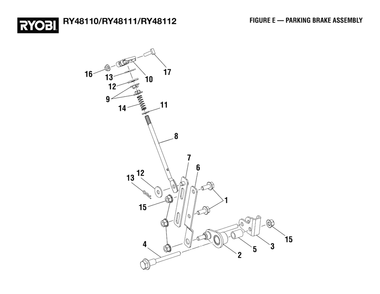 Figure E - Parking Brake Assembly Diagram and Parts List for RY 48111 (Rev 02)(099749010)(2021-05) Ryobi Lawn Tractor