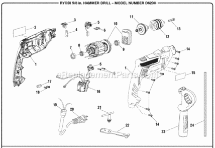 General_Assembly Diagram and Parts List for D620H  Ryobi Electric Drill