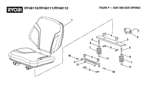 Figure P - Seat And Seat Springs Diagram and Parts List for RY 48111 (Rev 02)(099749010)(2021-05) Ryobi Lawn Tractor