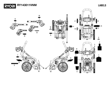 Labels Diagram and Parts List for RY 143011 VNM (Rev 01)(095079816)(2022-07) Ryobi Pressure Washer