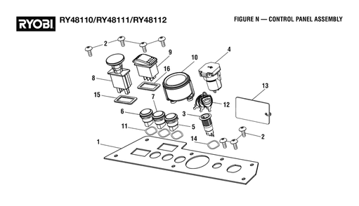 Figure N - Control Panel Assembly Diagram and Parts List for RY 48111 (Rev 02)(099749010)(2021-05) Ryobi Lawn Tractor