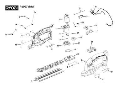 General Assembly Diagram and Parts List for P 2907 VNM (Rev 03)(108641001)(2022-02) Ryobi Hedge Trimmer