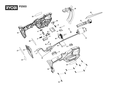 General Assembly Diagram and Parts List for P 2503 (Rev 02)(107440003)(2021-07) Ryobi Hedge Trimmer