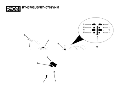 Labels Diagram and Parts List for RY 40702 US (Rev 01)(107738001)(2022-04) Ryobi Tiller