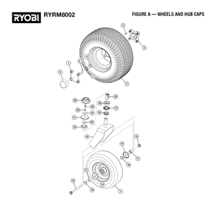 Figure A - Wheels And Hub Caps Diagram and Parts List for RY RM8002 (Rev 01)(099262002)(2022-08) Ryobi Lawn Tractor