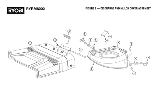 Figure E - Discharge And Mulch Cover Assembly Diagram and Parts List for RY RM8002 (Rev 01)(099262002)(2022-08) Ryobi Lawn Tractor