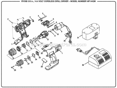 General_Assembly Diagram and Parts List for HP1442M  Ryobi Cordless Drill