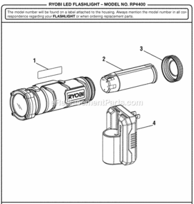 General_Assembly Diagram and Parts List for RP4400  Ryobi Worklight & Flashlight