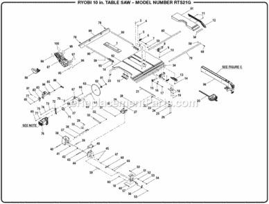 Figure_A Diagram and Parts List for RTS21G  Ryobi Table Saw