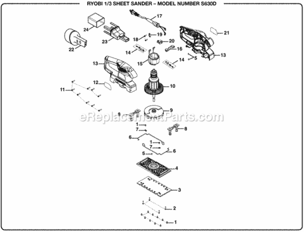 General_Assembly Diagram and Parts List for S630D  Ryobi Sander Polisher