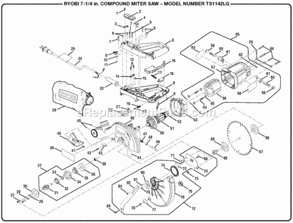 Figure_A Diagram and Parts List for TS1142LG  Ryobi Miter Saw