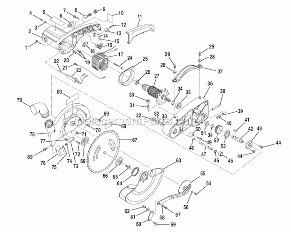 Motor  Gearbox  Guard Assembly Diagram and Parts List for TS1300  Ryobi Miter Saw