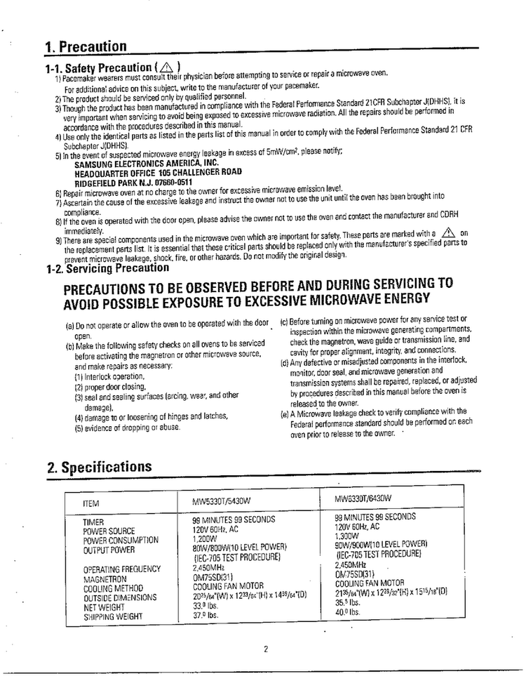 Precautions/specifications Diagram and Parts List for MW5330T XAA Samsung Microwave