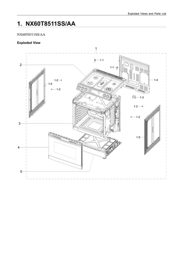 Main Assembly Diagram and Parts List for NX60T8511SS AA-03 Samsung Range