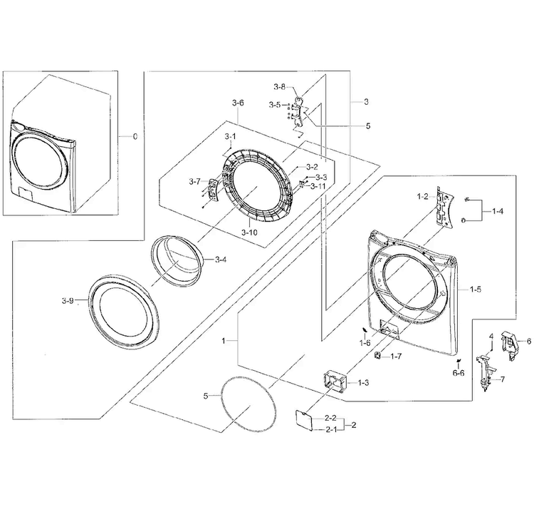 Frame Front & Door Diagram and Parts List for WF42H5000AW A2-0001 Samsung Washer