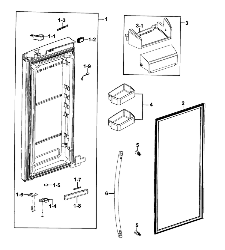 Refrigerator Door R Diagram and Parts List for RFG293HARS XAA-0001 Samsung Refrigerator