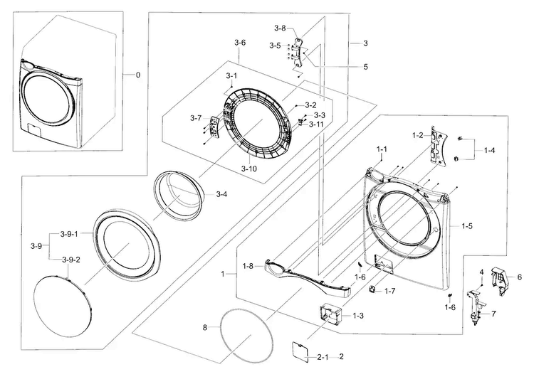 Frame Front & Door Diagram and Parts List for WF433BTGJWR A2-0000 Samsung Washer