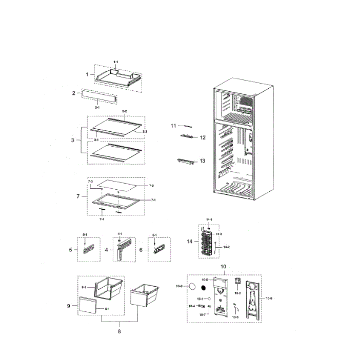 Fridge Compartment Diagram and Parts List for RT18M6213SG AA-01 Samsung Refrigerator