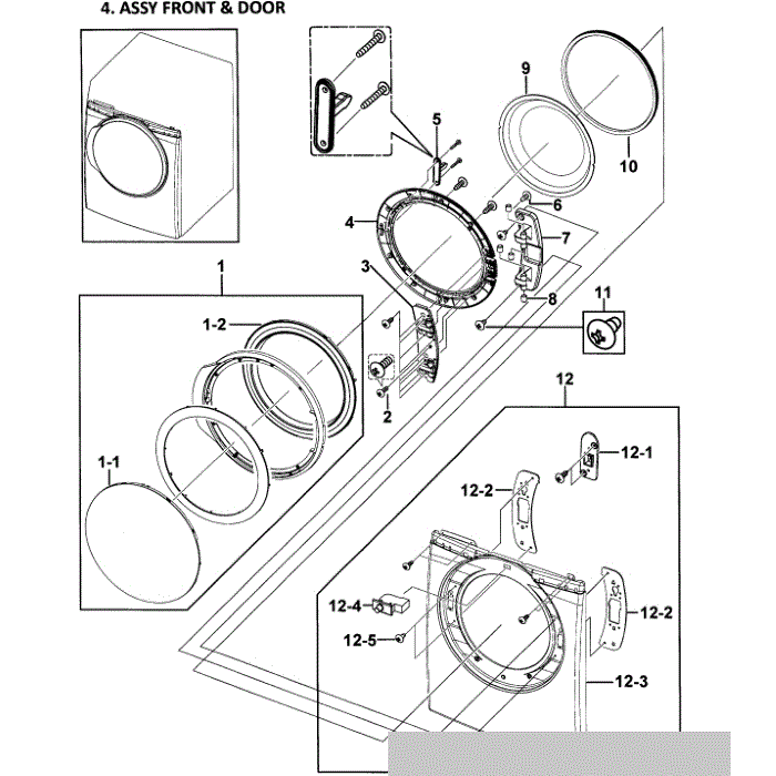Front Assembly Diagram and Parts List for DV338AGB XAA-00 Samsung Dryer