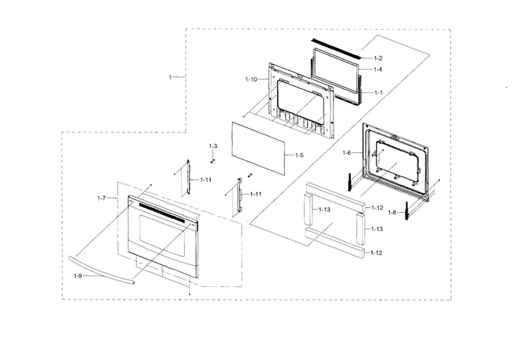 Door Diagram and Parts List for NE59J7630SB AA-0000 Samsung Range