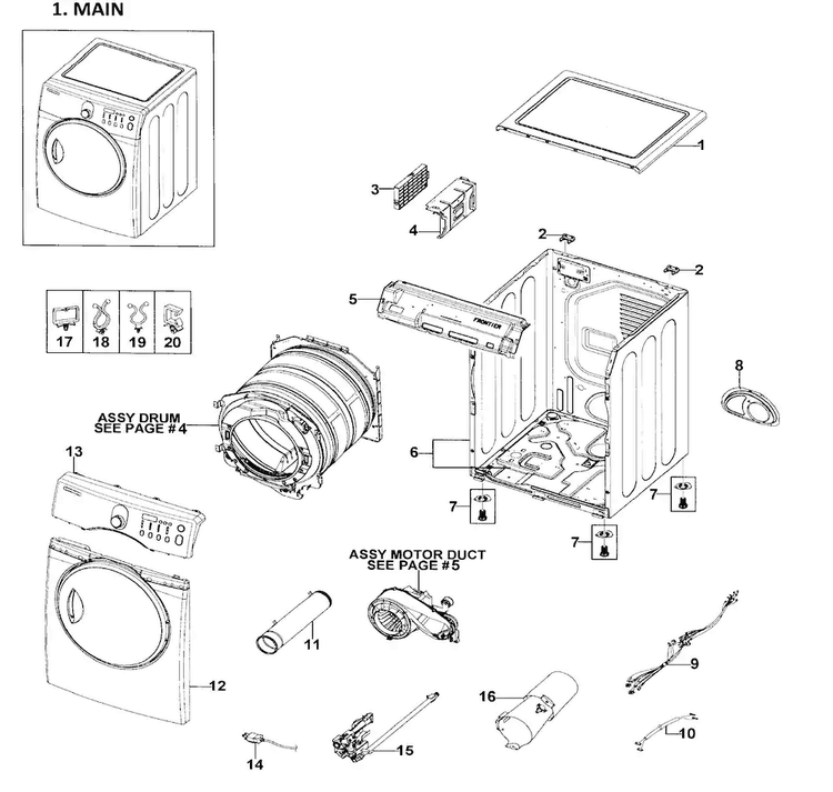 Main Assy Diagram and Parts List for DV219AGW XAA-0001 Samsung Dryer